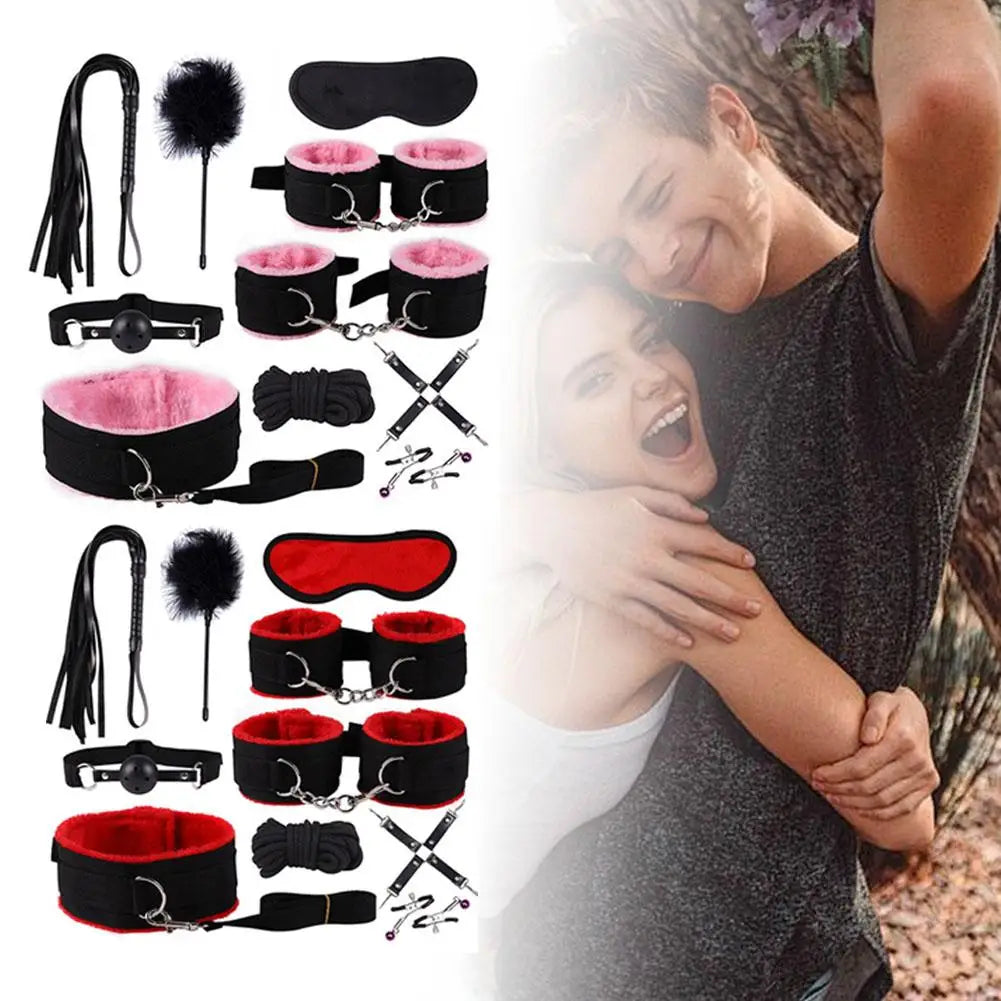 Beginner BDSM Bondage Set Nylon Plush Handcuffs Nipple Clamps Whip Gag Kit Safe for Couples Sex Toy