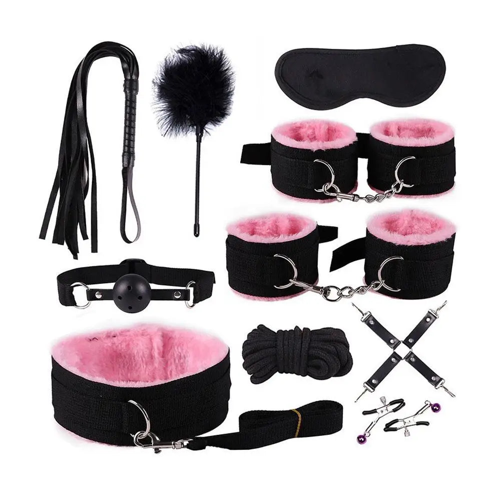 Beginner BDSM Bondage Set Nylon Plush Handcuffs Nipple Clamps Whip Gag Kit Safe for Couples Sex Toy