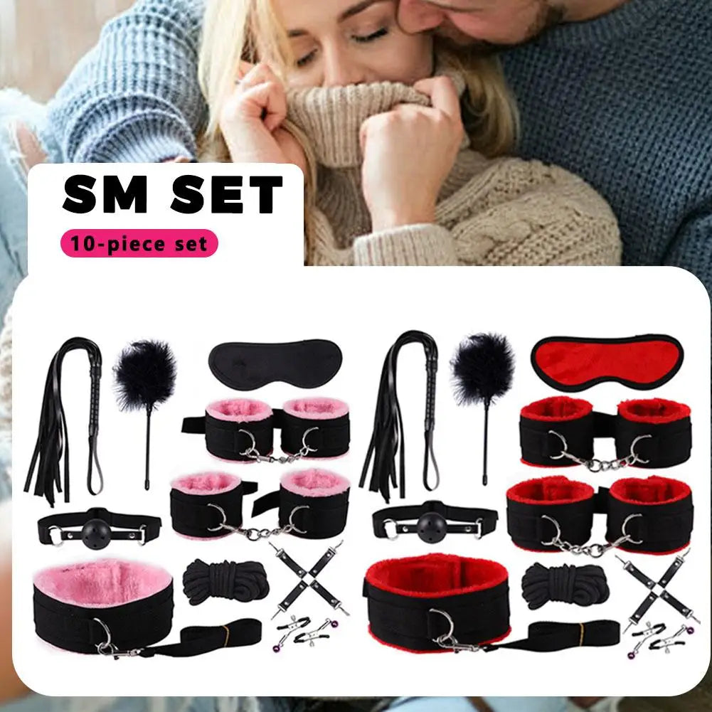 Beginner BDSM Bondage Set Nylon Plush Handcuffs Nipple Clamps Whip Gag Kit Safe for Couples Sex Toy