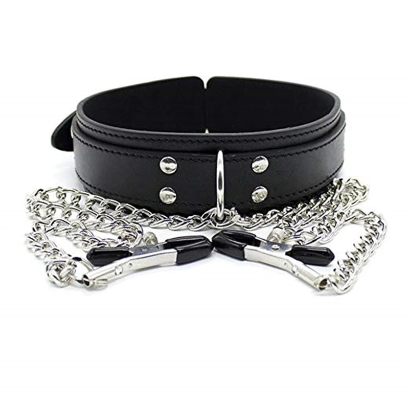 BDSM Fetish Collar Nipple Clamps Leather Necklace Chain Slave Erotic Adult Sex Toys For Women Couples Men Fliting Games Sex Shop