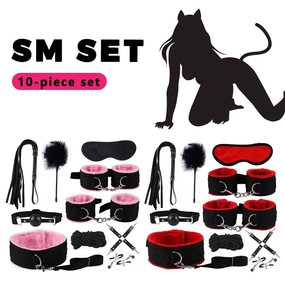 Beginner BDSM Bondage Set Nylon Plush Handcuffs Nipple Clamps Whip Gag Kit Safe for Couples Sex Toy