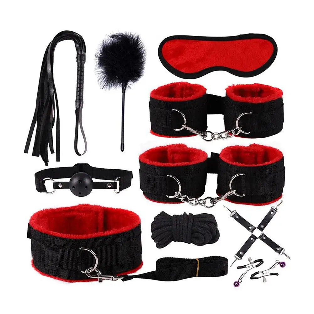 Beginner BDSM Bondage Set Nylon Plush Handcuffs Nipple Clamps Whip Gag Kit Safe for Couples Sex Toy