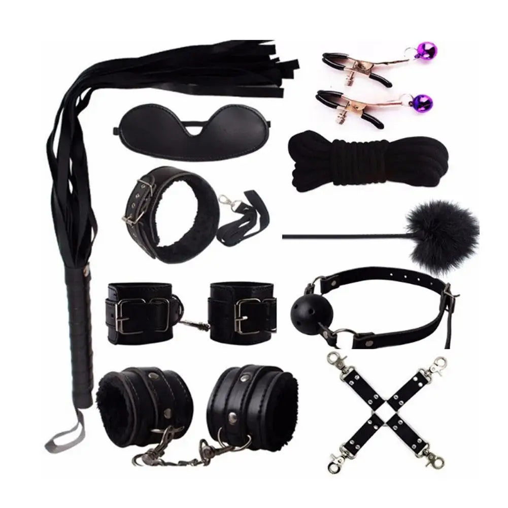 Beginner BDSM Bondage Set Nylon Plush Handcuffs Nipple Clamps Whip Gag Kit Safe for Couples Sex Toy