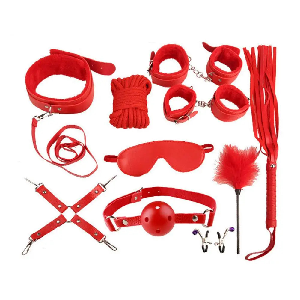 Beginner BDSM Bondage Set Nylon Plush Handcuffs Nipple Clamps Whip Gag Kit Safe for Couples Sex Toy