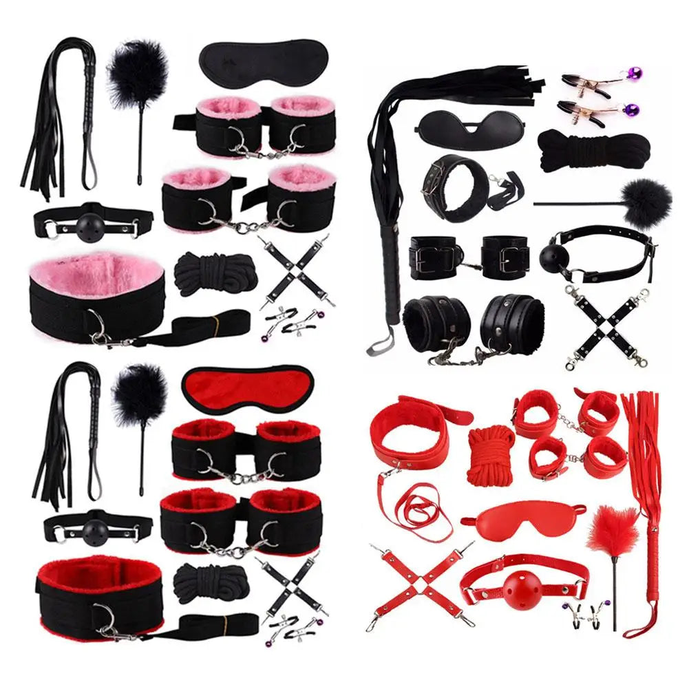 Beginner BDSM Bondage Set Nylon Plush Handcuffs Nipple Clamps Whip Gag Kit Safe for Couples Sex Toy